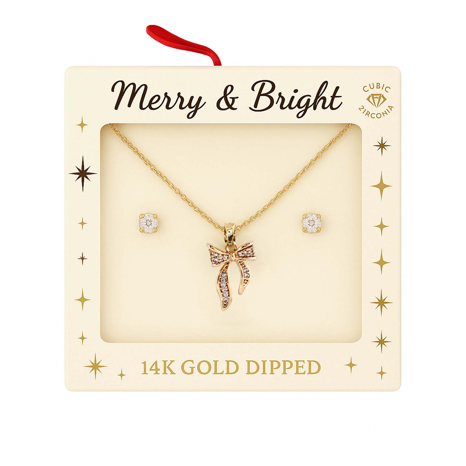 Cream ‘Merry & Bright’ gift box displaying a gold bow necklace with cubic zirconia and matching CZ stud earrings labeled 14K gold dipped.