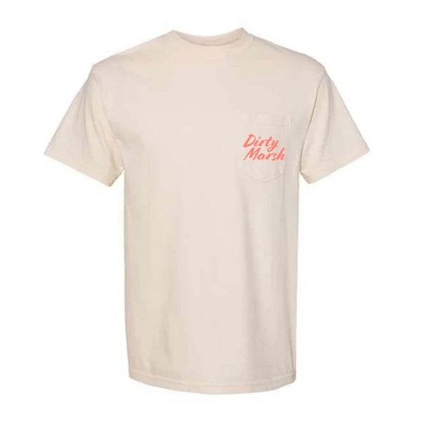 Dirty Marsh Outfitters Skelly On Da Beach Short Sleeve T-Shirt, sizes S-XXL, 100% cotton. Front of ivory t-shirt with “Dirty Marsh” printed in coral script on the left chest pocket.