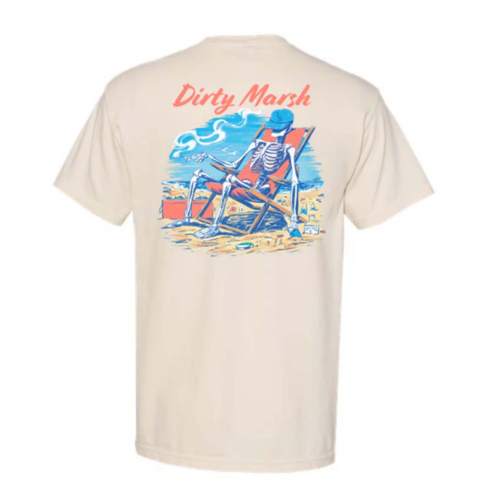 Dirty Marsh Outfitters Skelly On Da Beach Short Sleeve T-Shirt, sizes S-XXL, 100% cotton. Back of ivory t-shirt with a cartoon skeleton relaxing in a beach chair, smoking, under “Dirty Marsh” text.