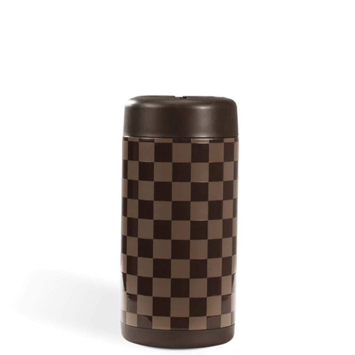 Brown checkered can cooler on a white background