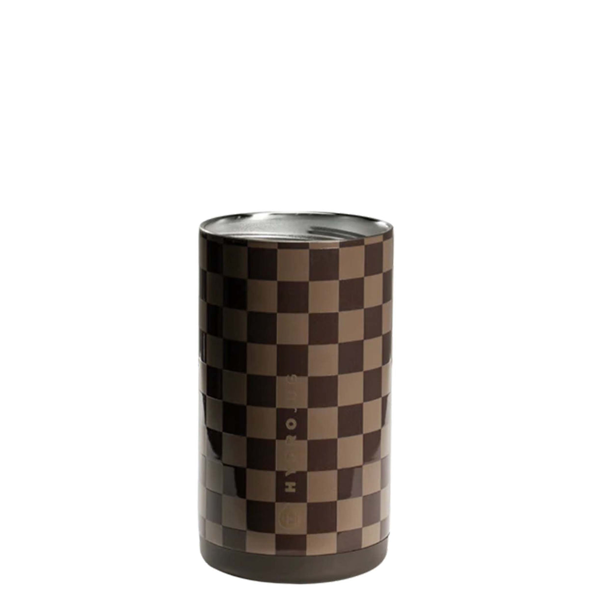 Checkered patterned can cooler on a white background