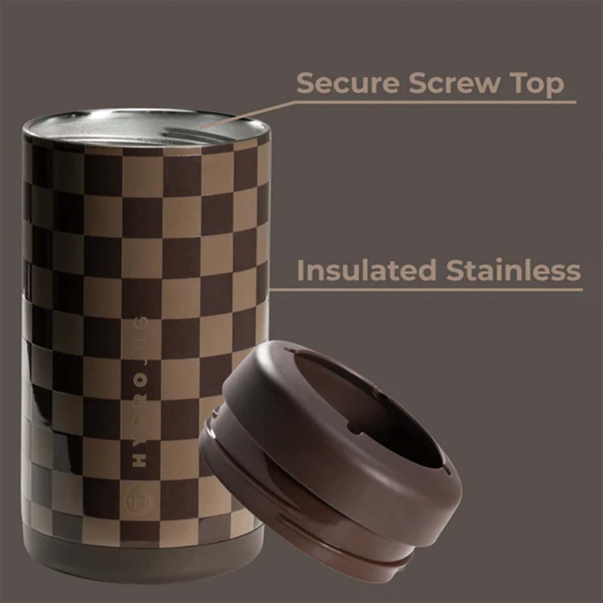 Checkered tumbler with a secure screw top on a gray background