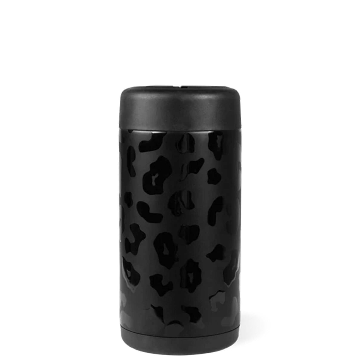 Black thermos with leopard print pattern on a white background