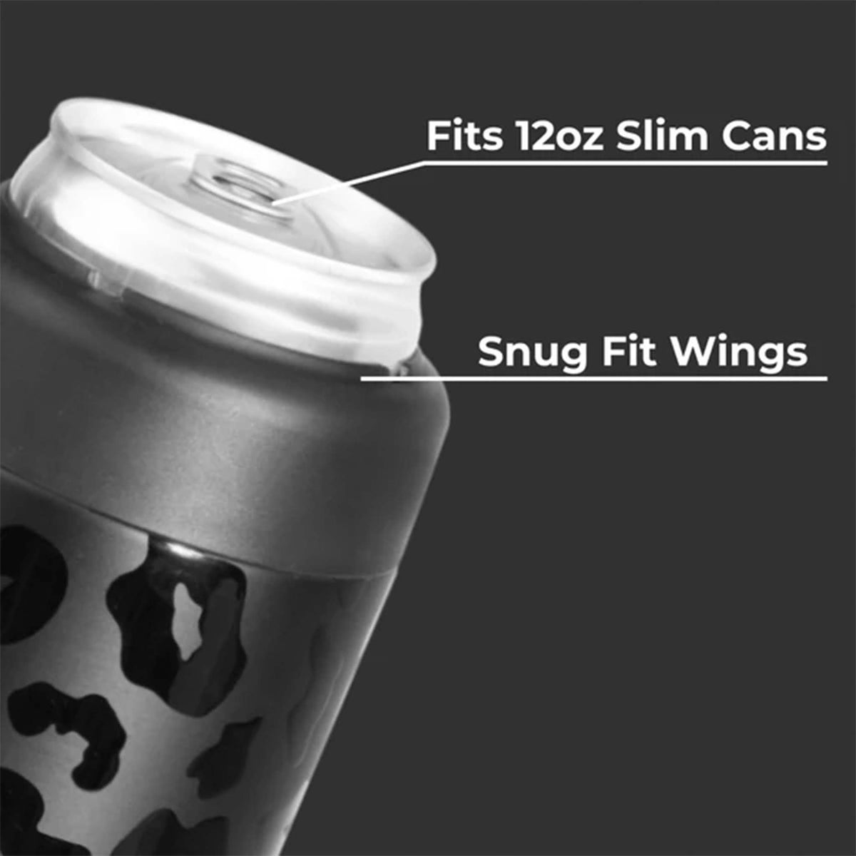 Can with a lid labeled 'Fits 12oz Slim Cans' and 'Snug Fit Wings' on a black background