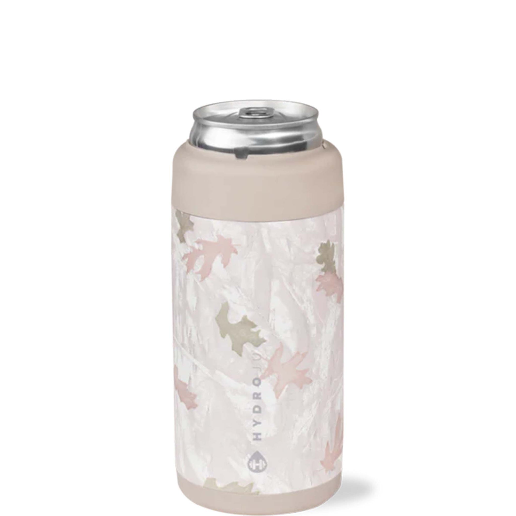 white camo-patterned can cooler with silver top on a white background