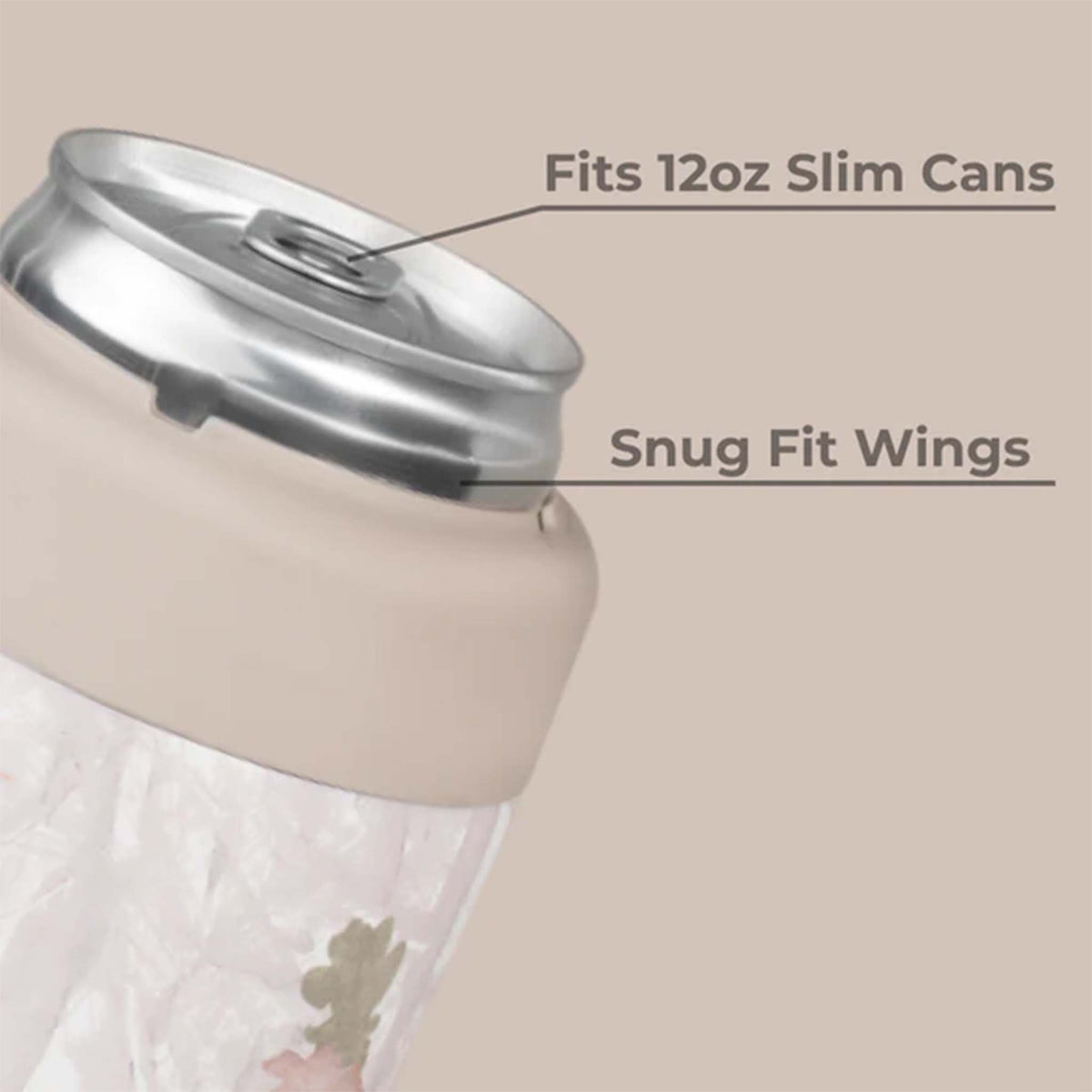 Close-up of a can lid with text indicating it fits 12oz slim cans and has snug fit wings.