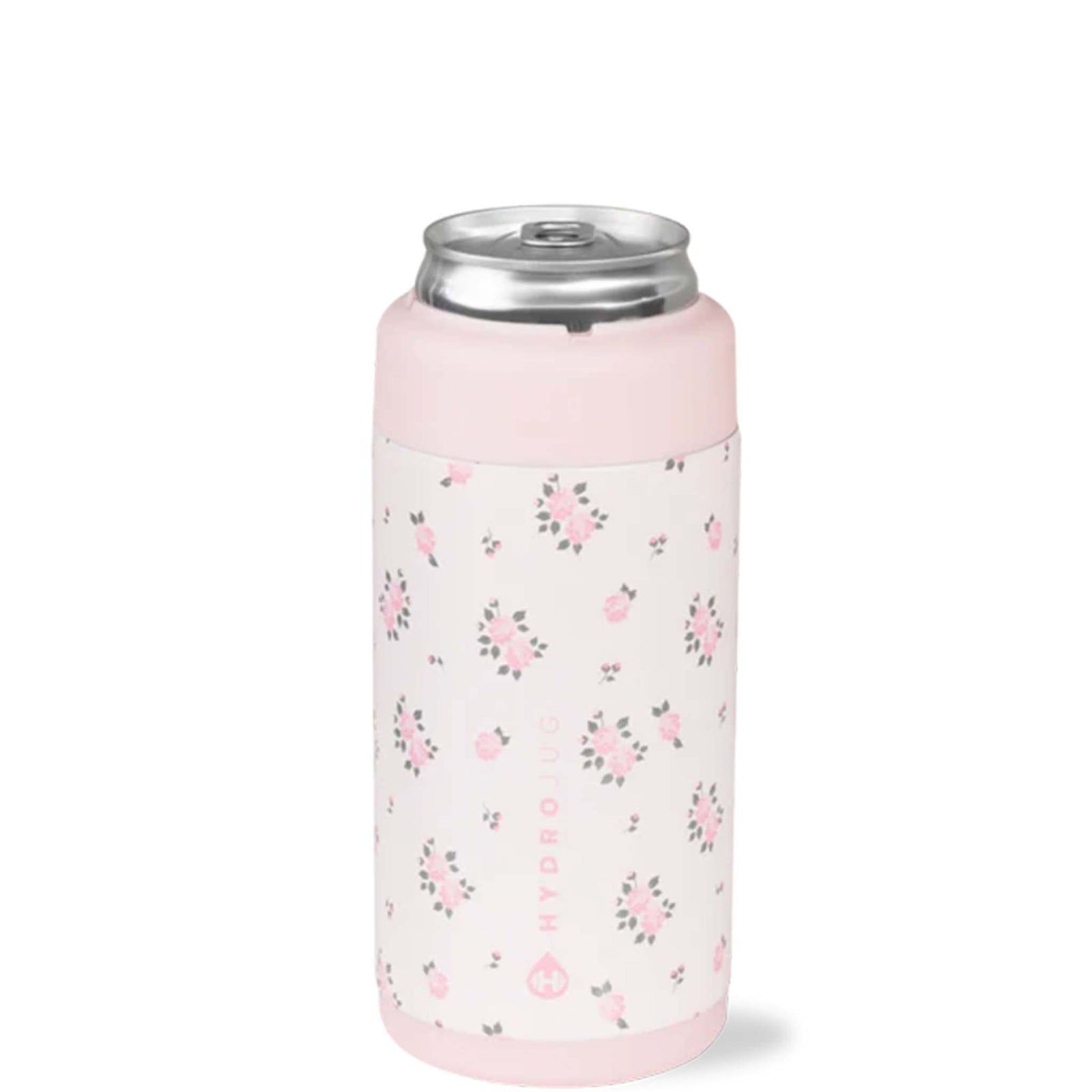 Pink can cooler with floral pattern on a white background