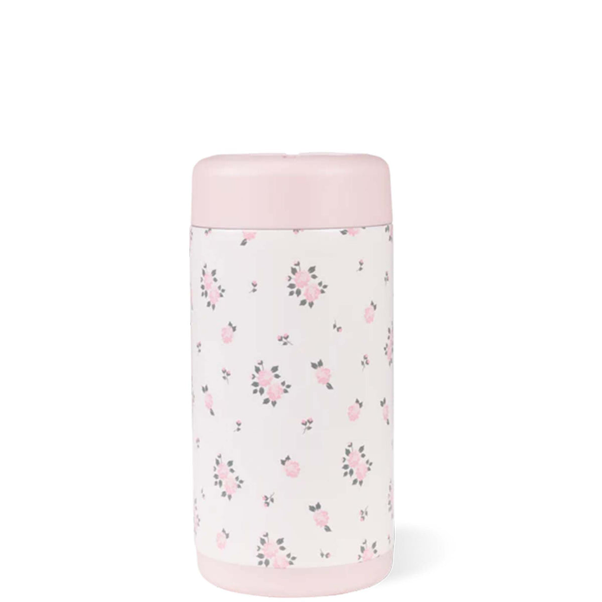 Floral-patterned can cooler with pink lid on a white background