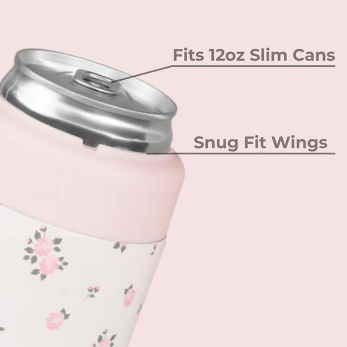Pink can with floral design and silver lid on a pink background
