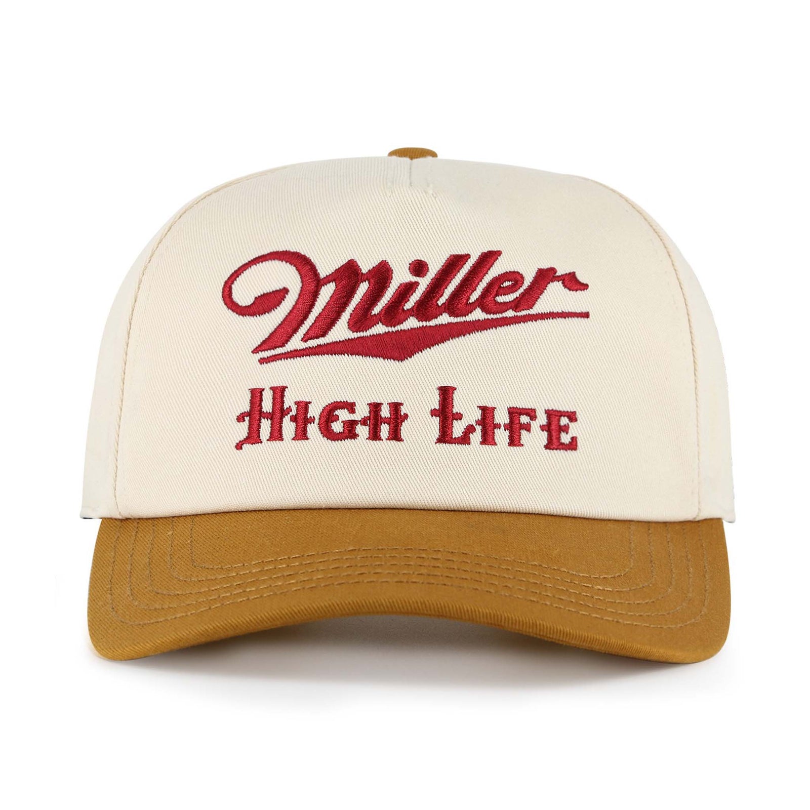 American Needle Miller High Life Hat - Front View Ivory and tan snapback hat with bold red embroidered "Miller High Life" text on the front panels.
