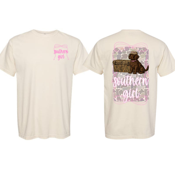 Beige t-shirt with a graphic of a dog, camo, and 'Southern Girl' text on a white background