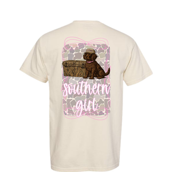 Beige t-shirt with a graphic of a dog, camo, and 'Southern Girl' text on a white background