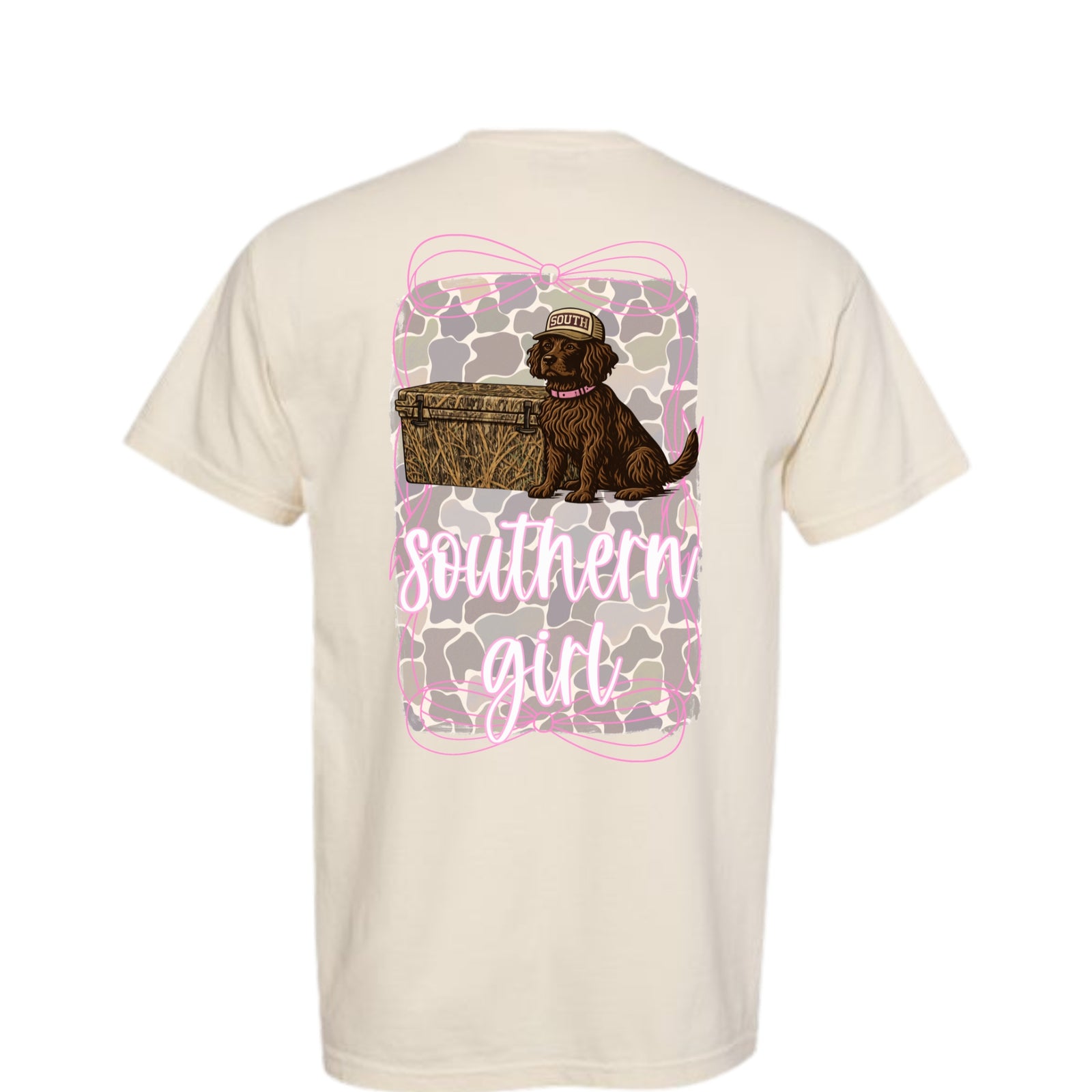 Beige t-shirt with a graphic of a dog, camo, and 'Southern Girl' text on a white background