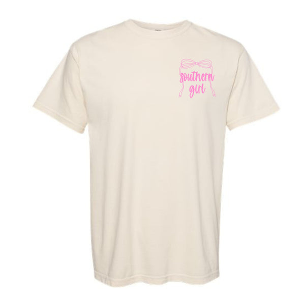 Beige t-shirt with 'southern girl' text in pink on a white background
