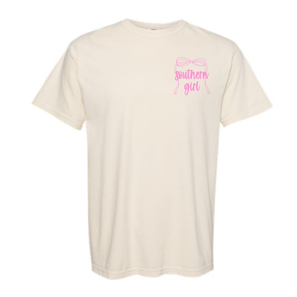 Beige t-shirt with 'southern girl' text in pink on a white background