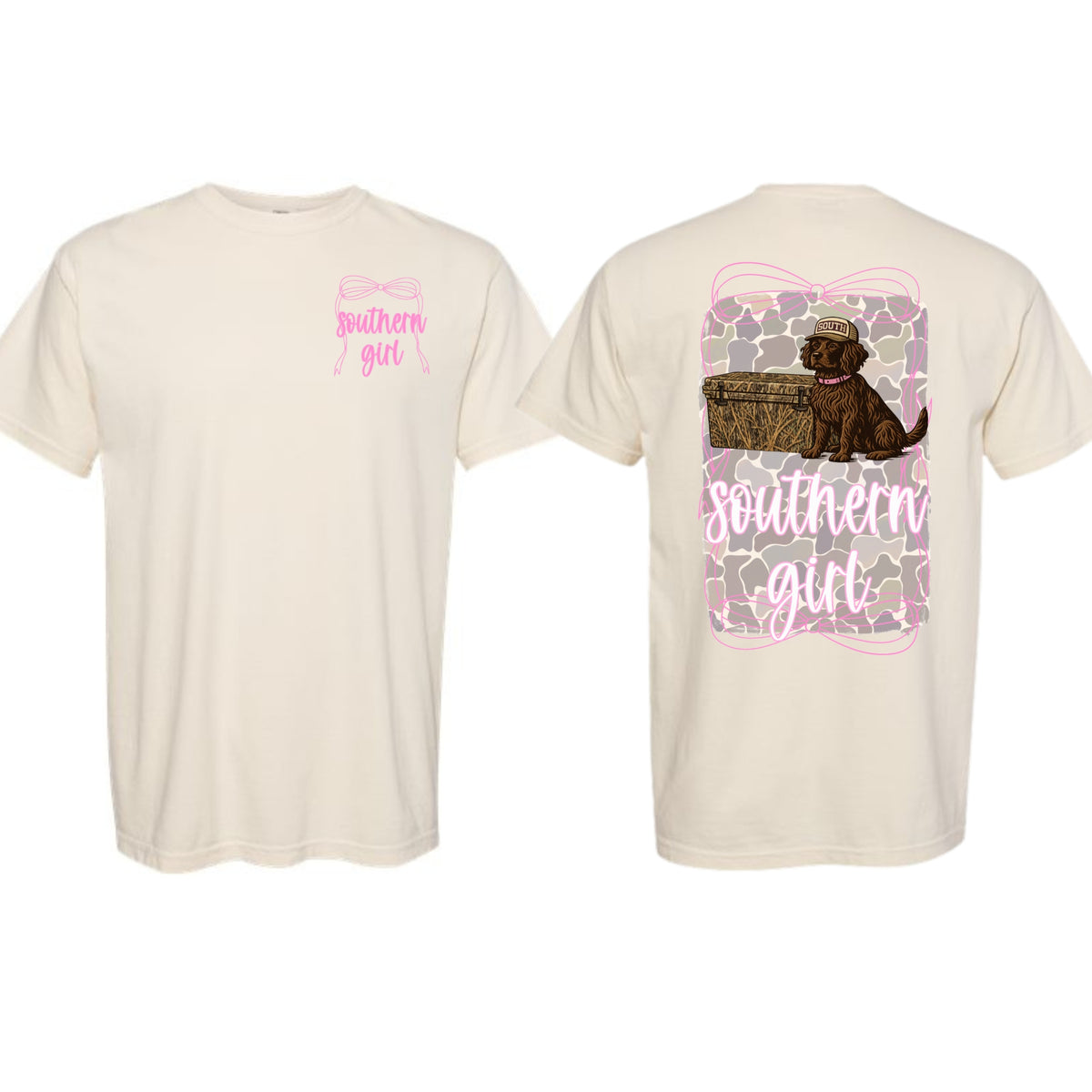 Beige t-shirt with a graphic of a dog, camo, and 'Southern Girl' text on a white background