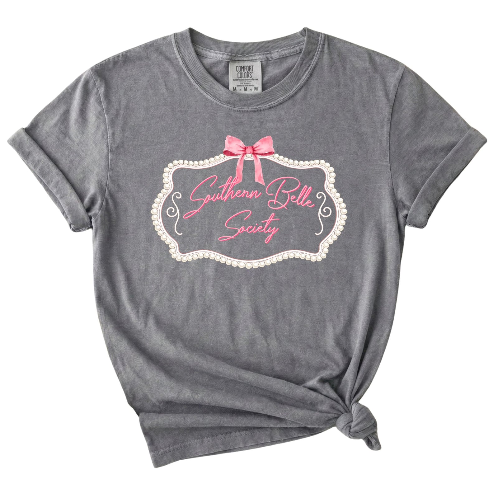 Grey Southern Belle Society graphic t-shirt with pink bow and pearl frame design printed on the front.