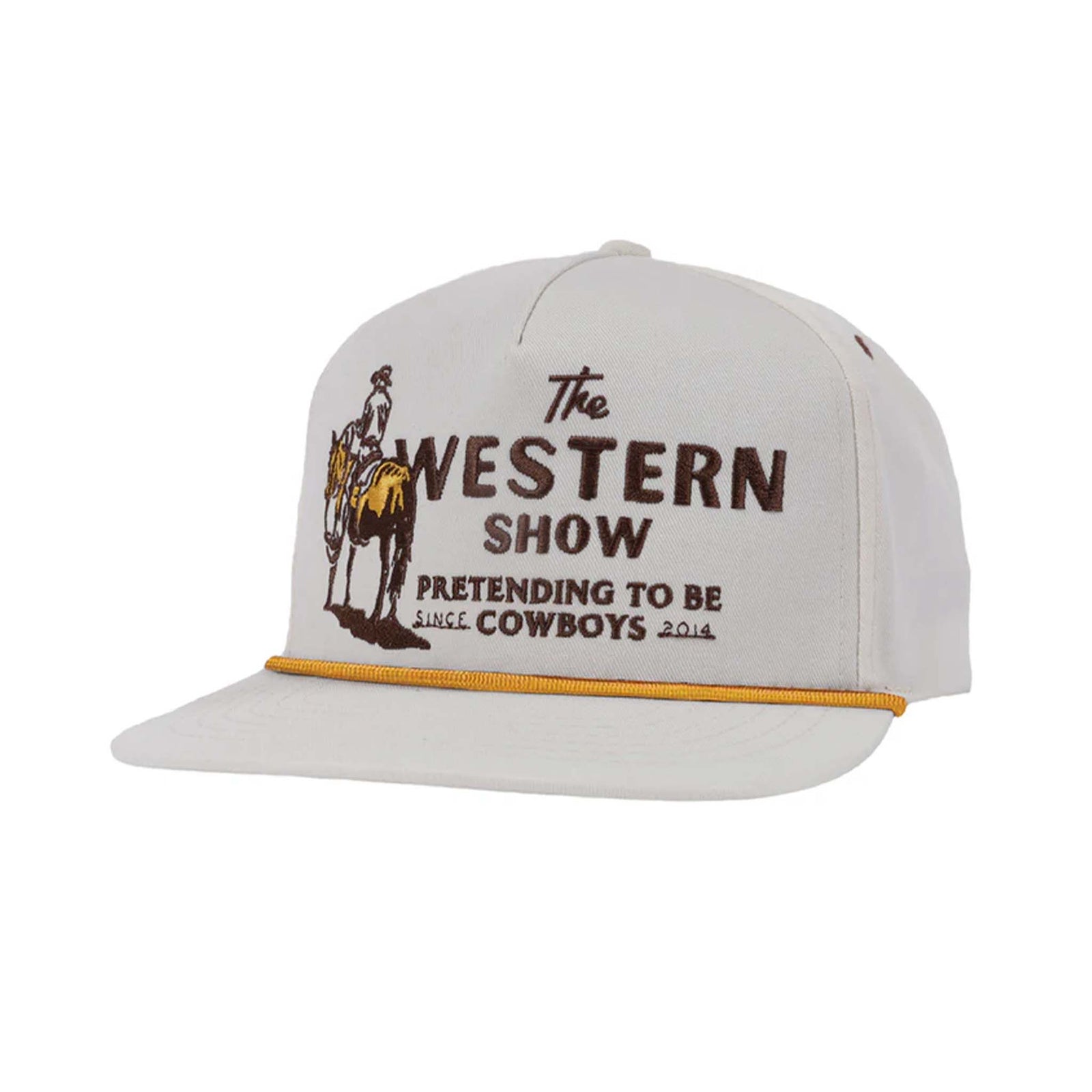 The Western Show hat in beige with embroidered cowboy and horse design, and text that reads “Pretending to Be Cowboys Since 2014.”