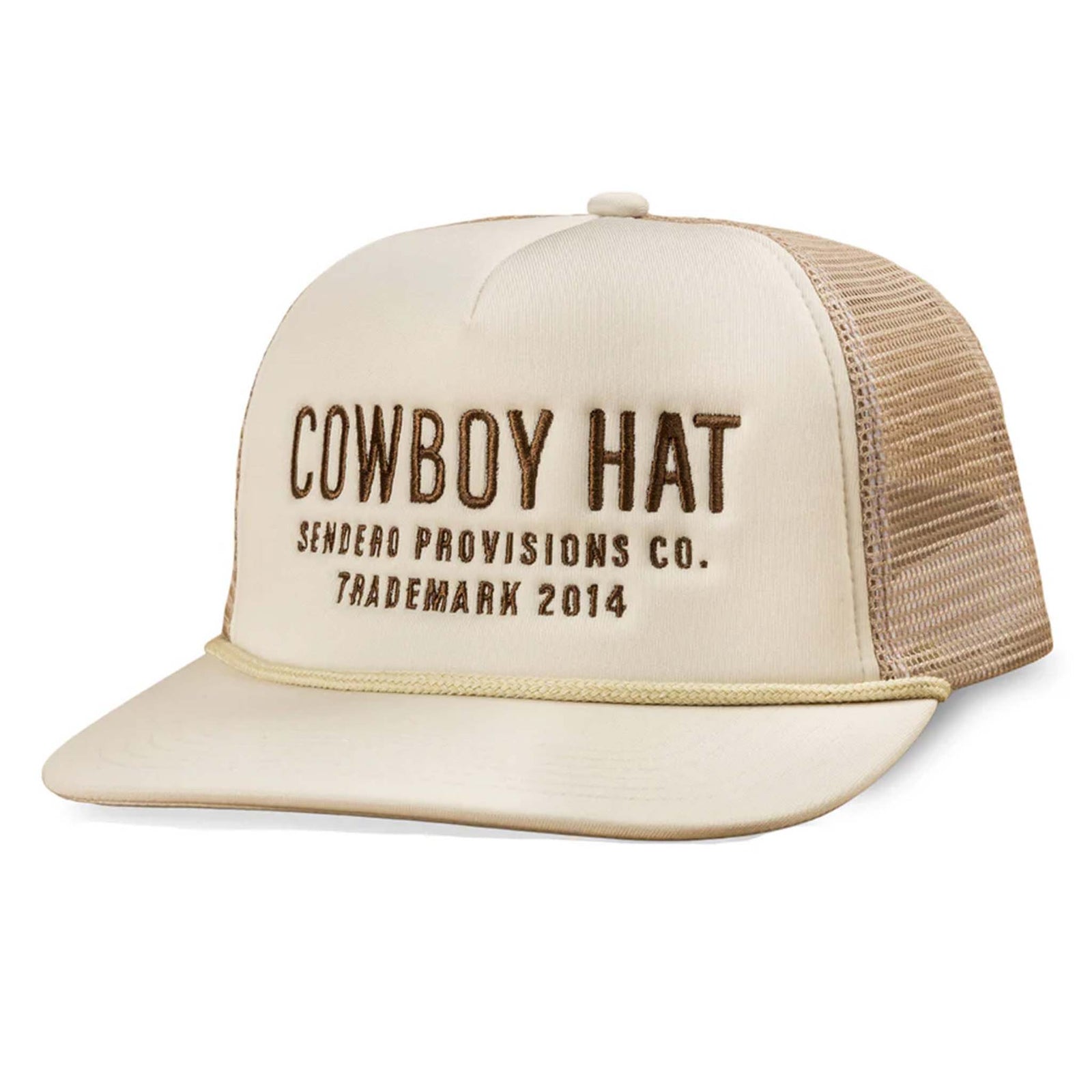 Cream trucker hat with “Cowboy Hat” embroidered on front in brown text and curved rope accent along the bill.