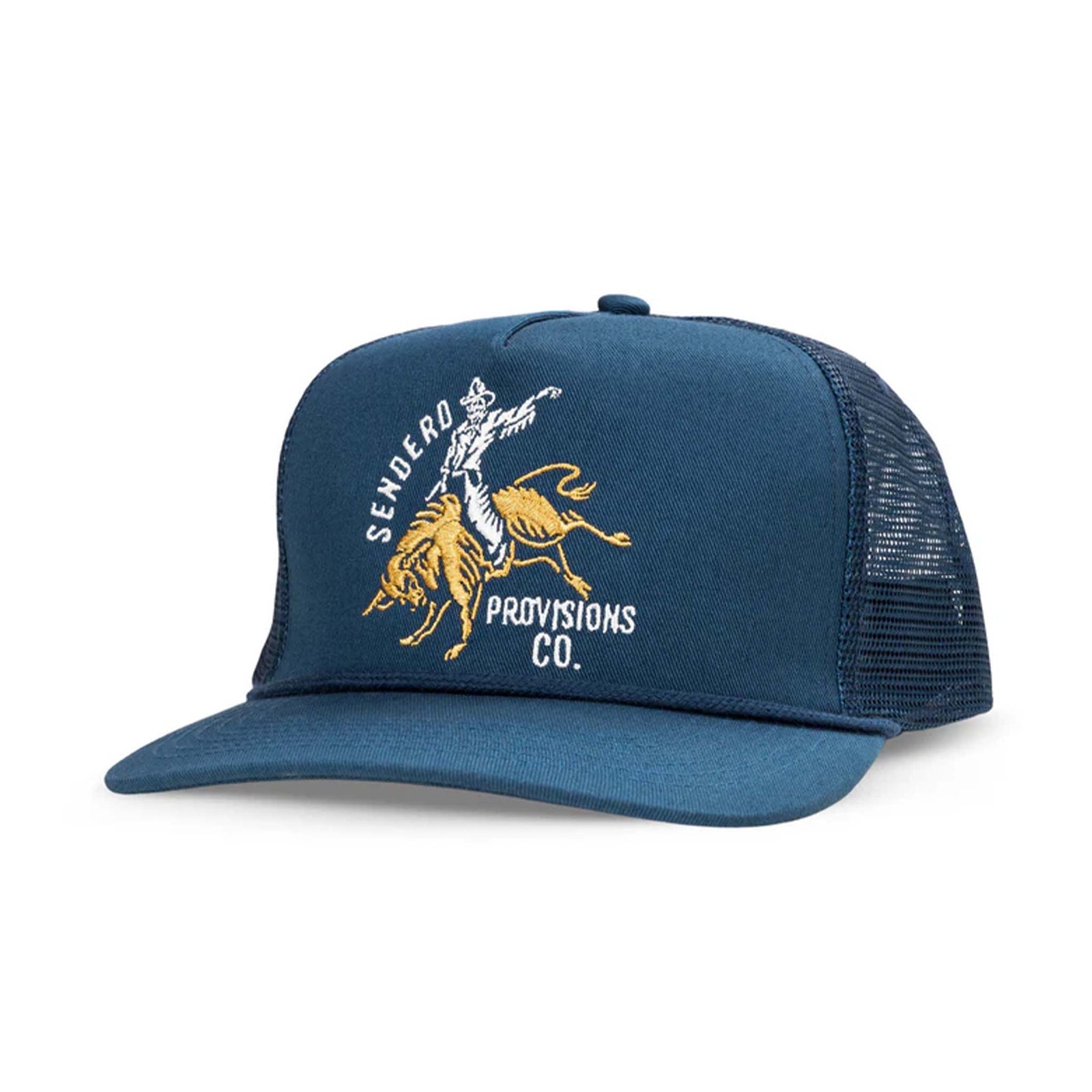 Sendero Provisions Co. hat in navy with mesh backing, featuring embroidered cowboy riding a bull graphic on the front.