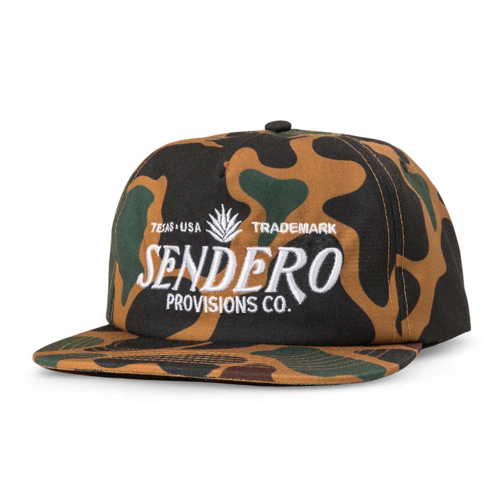 Field camo snapback hat with white “Sendero Provisions Co.” logo embroidered on the front.