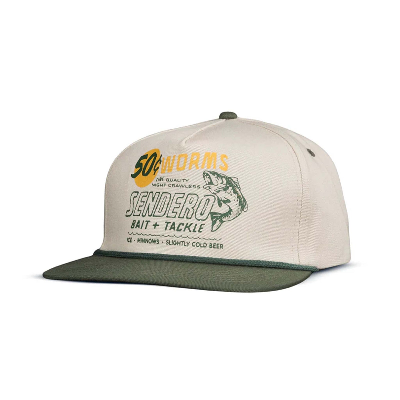 Sendero Provisions Co. Bait + Tackle hat with “50¢ Worms” and fishing graphic on cream front panel, green flat bill, and retro bait shop theme.
