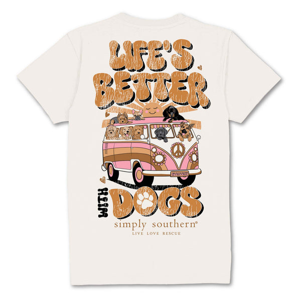 White t-shirt with a graphic of a van and text 'Life's better with dogs' on the back, featuring the brand 'Simply Southern'.