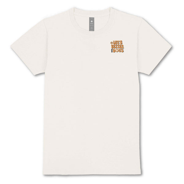 Front view of linen Simply Southern t-shirt with small “Life’s Better with Dogs” chest graphic.