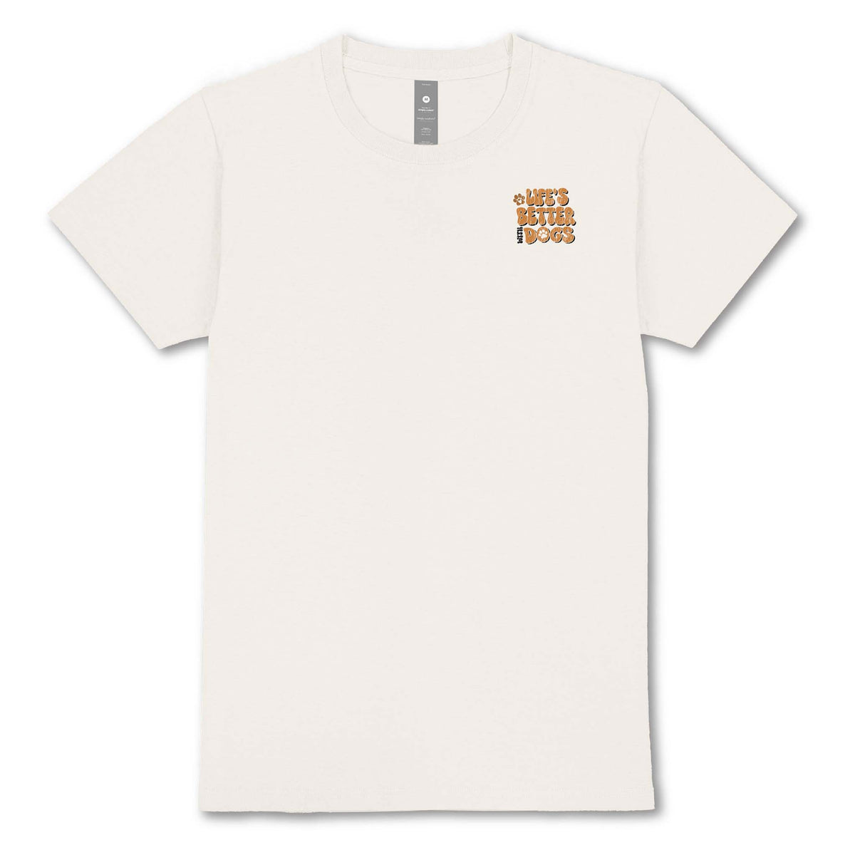 Front view of linen Simply Southern t-shirt with small “Life’s Better with Dogs” chest graphic.