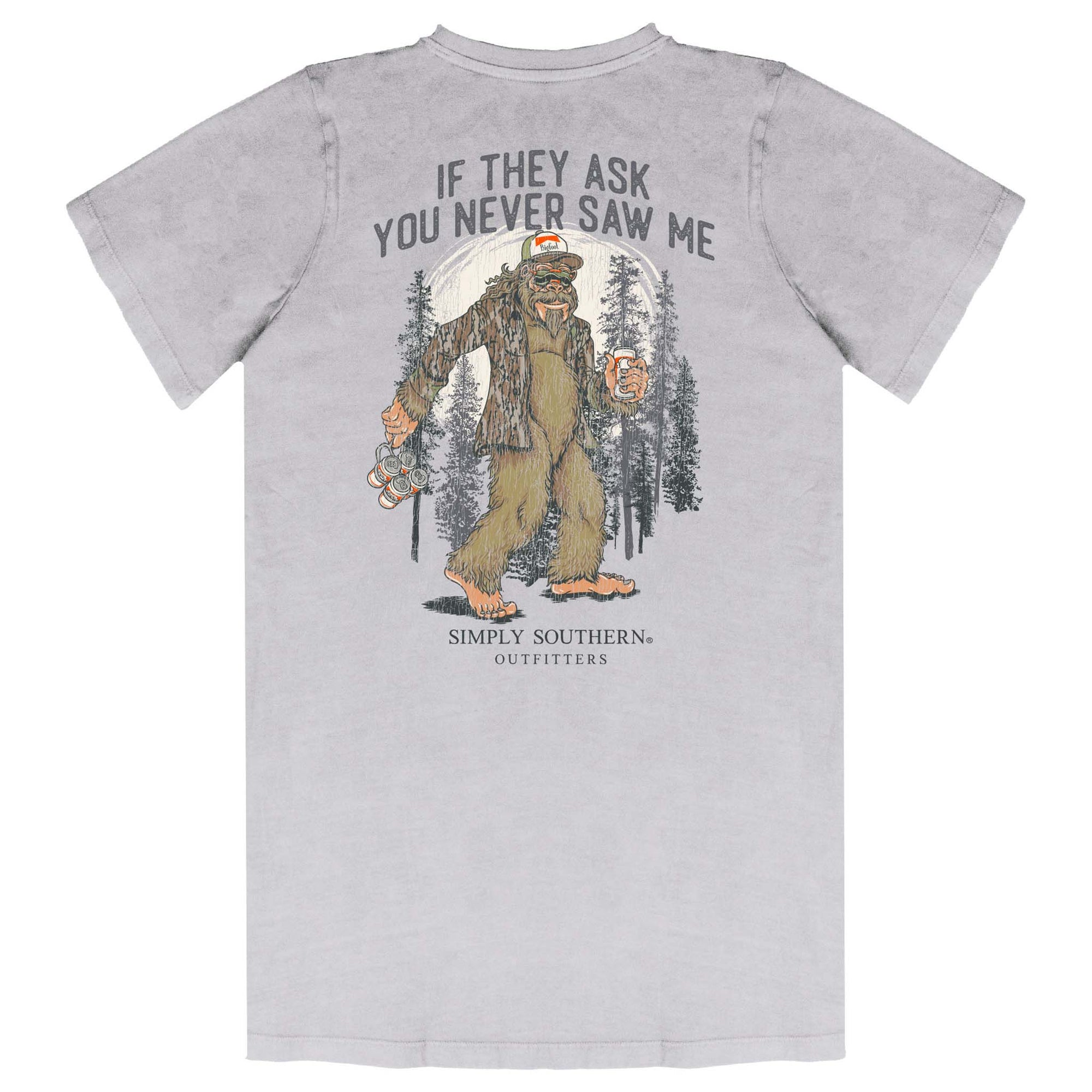 Light gray Simply Southern short sleeve t-shirt with a graphic of Bigfoot holding drinks in the woods. Text reads “If They Ask You Never Saw Me.”