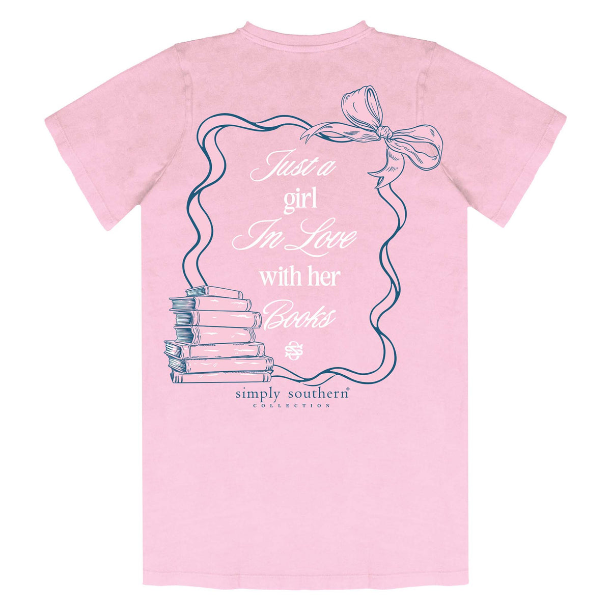 Pink Simply Southern tee with a stack of books, ribbon border, and text reading “Just a girl in love with her books.”