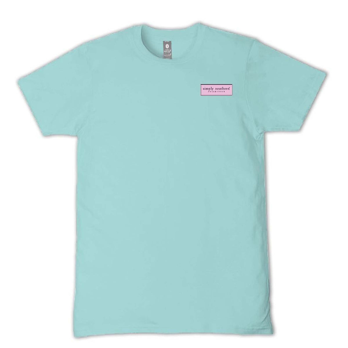 Light blue t-shirt with a small pink label on a white background