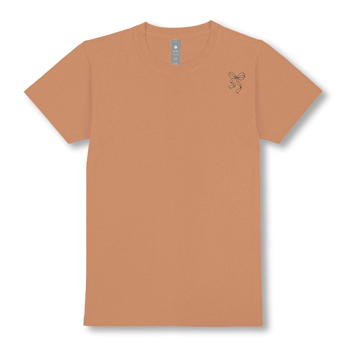 Front view of chestnut Simply Southern t-shirt with small bow graphic on left chest.