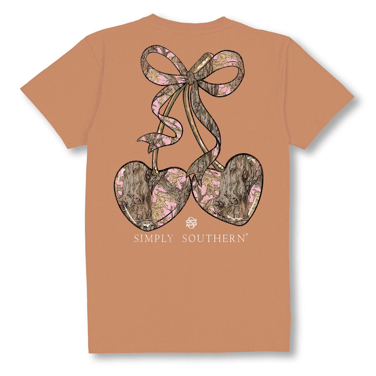 Back view of chestnut Simply Southern t-shirt with two camo-patterned hearts tied by a bow and floral accents.