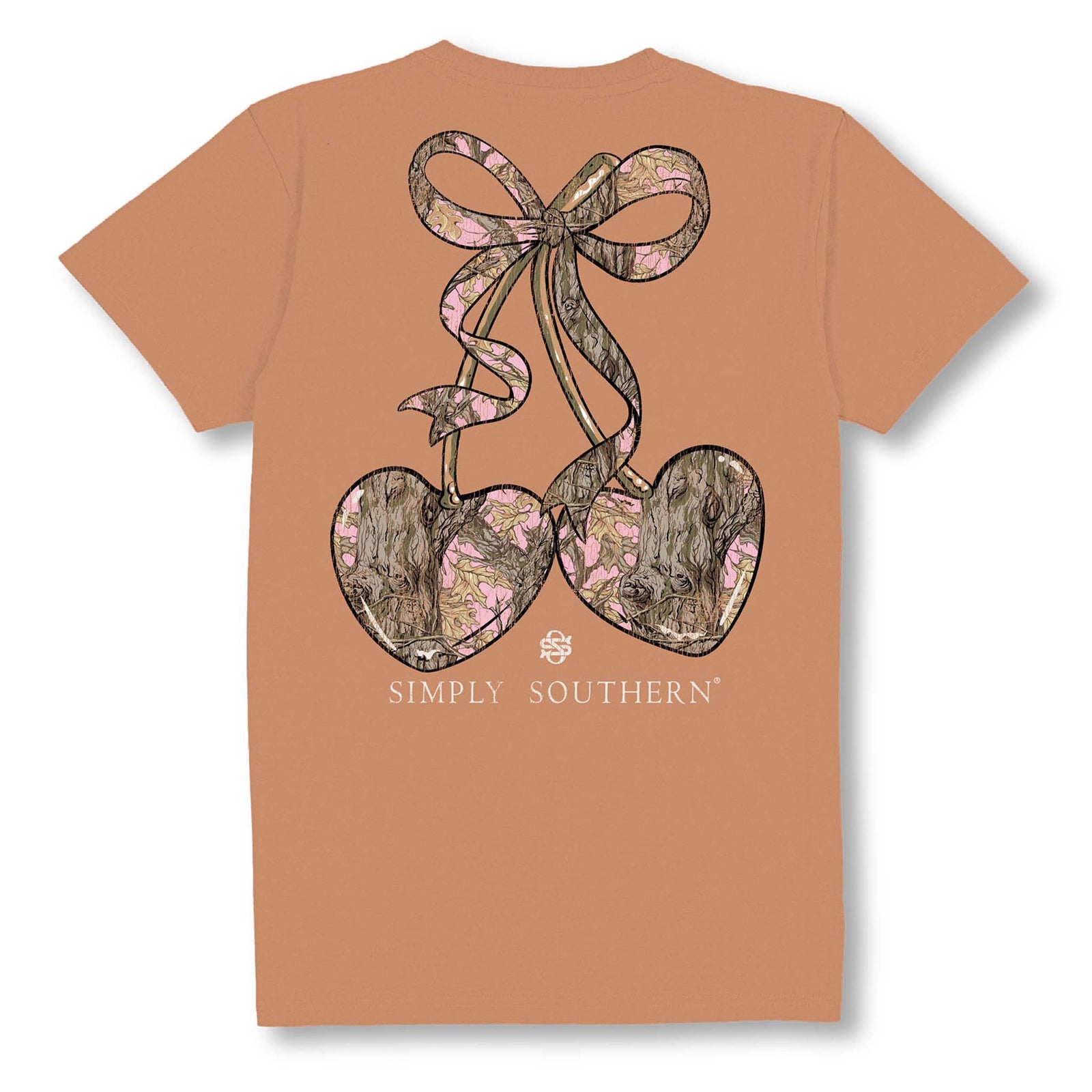 Back view of chestnut Simply Southern t-shirt with two camo-patterned hearts tied by a bow and floral accents.