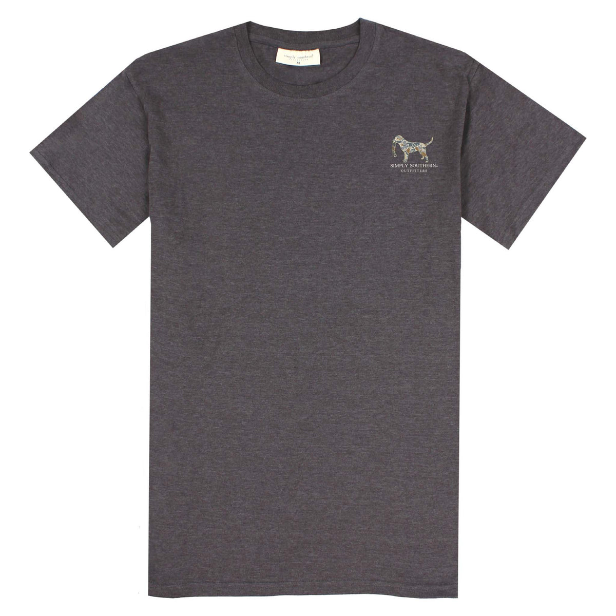 Dark heather gray Simply Southern short sleeve t-shirt with a small camo dog graphic and Simply Southern Outfitters text on the left chest.