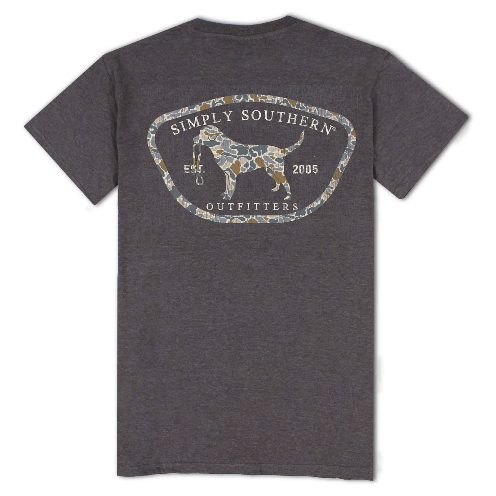 Dark heather gray Simply Southern short sleeve t-shirt with a large oval logo featuring a camo-patterned dog holding a duck call. Text reads “Simply Southern Outfitters, Est. 2005.”