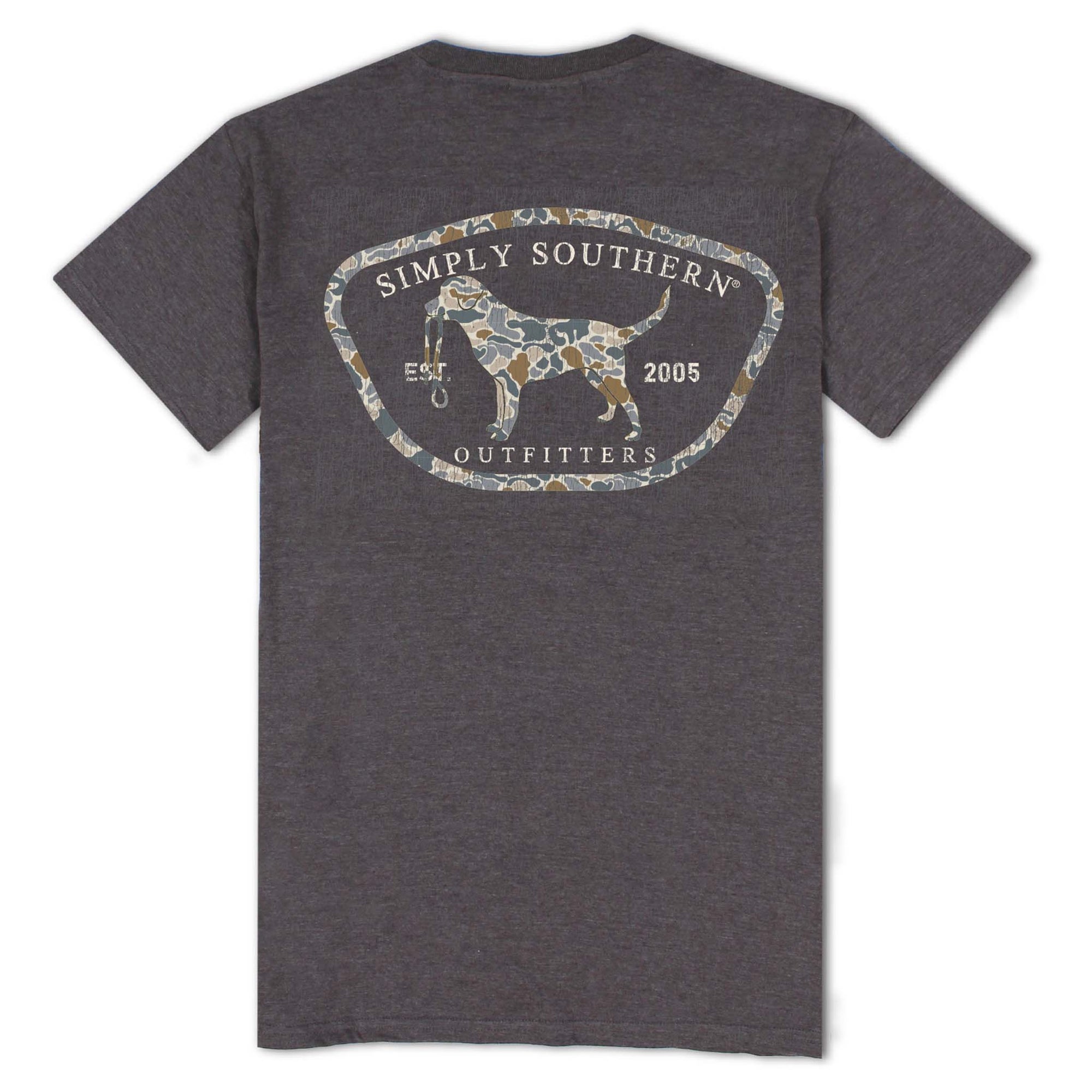 Dark heather gray Simply Southern short sleeve t-shirt with a large oval logo featuring a camo-patterned dog holding a duck call. Text reads “Simply Southern Outfitters, Est. 2005.”