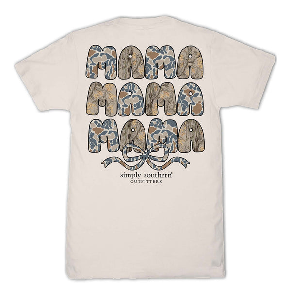 Beige t-shirt with camo filled 'MAMA' graphic and 'Simply Southern Outfitters' logo shown on a white background