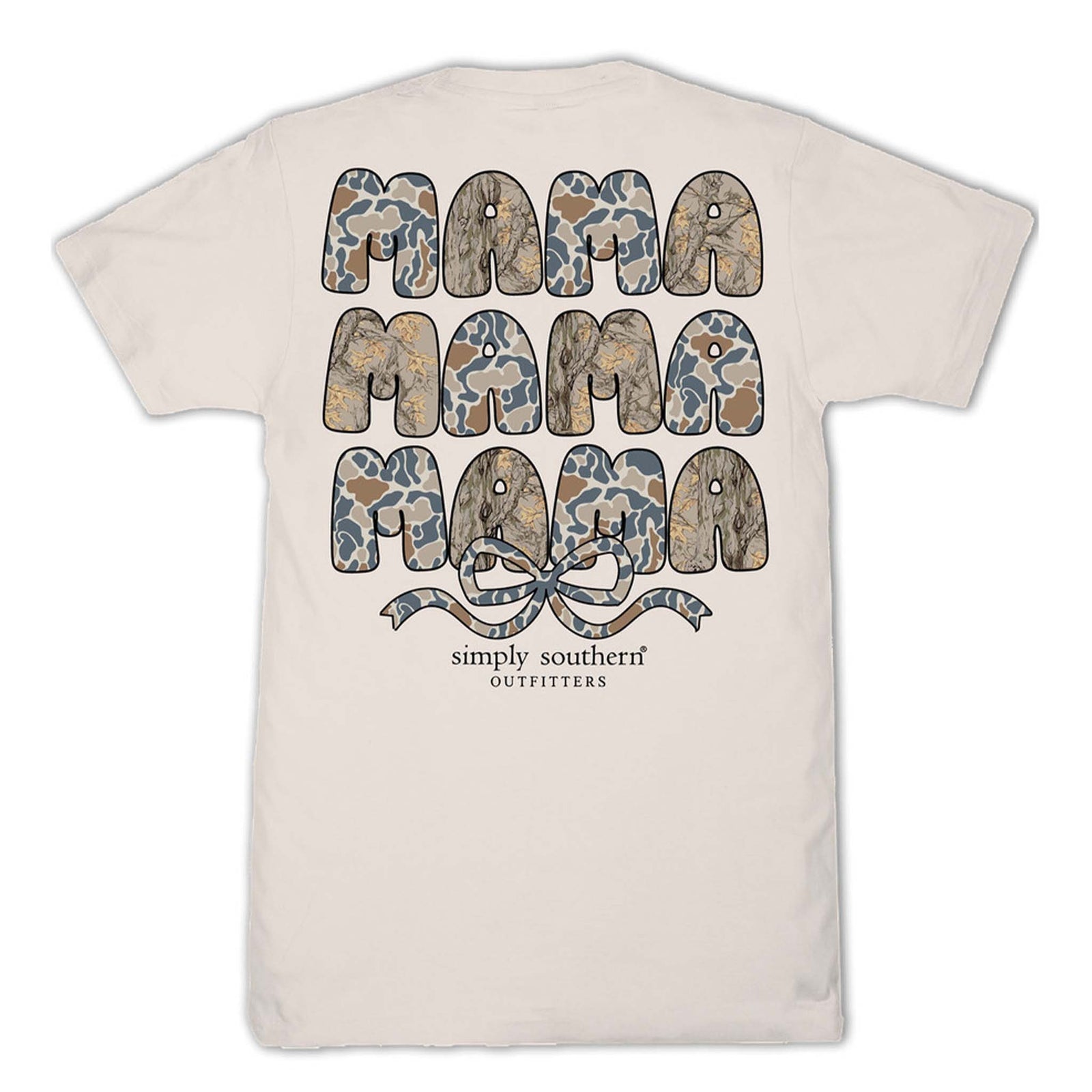 Beige t-shirt with camo filled 'MAMA' graphic and 'Simply Southern Outfitters' logo shown on a white background