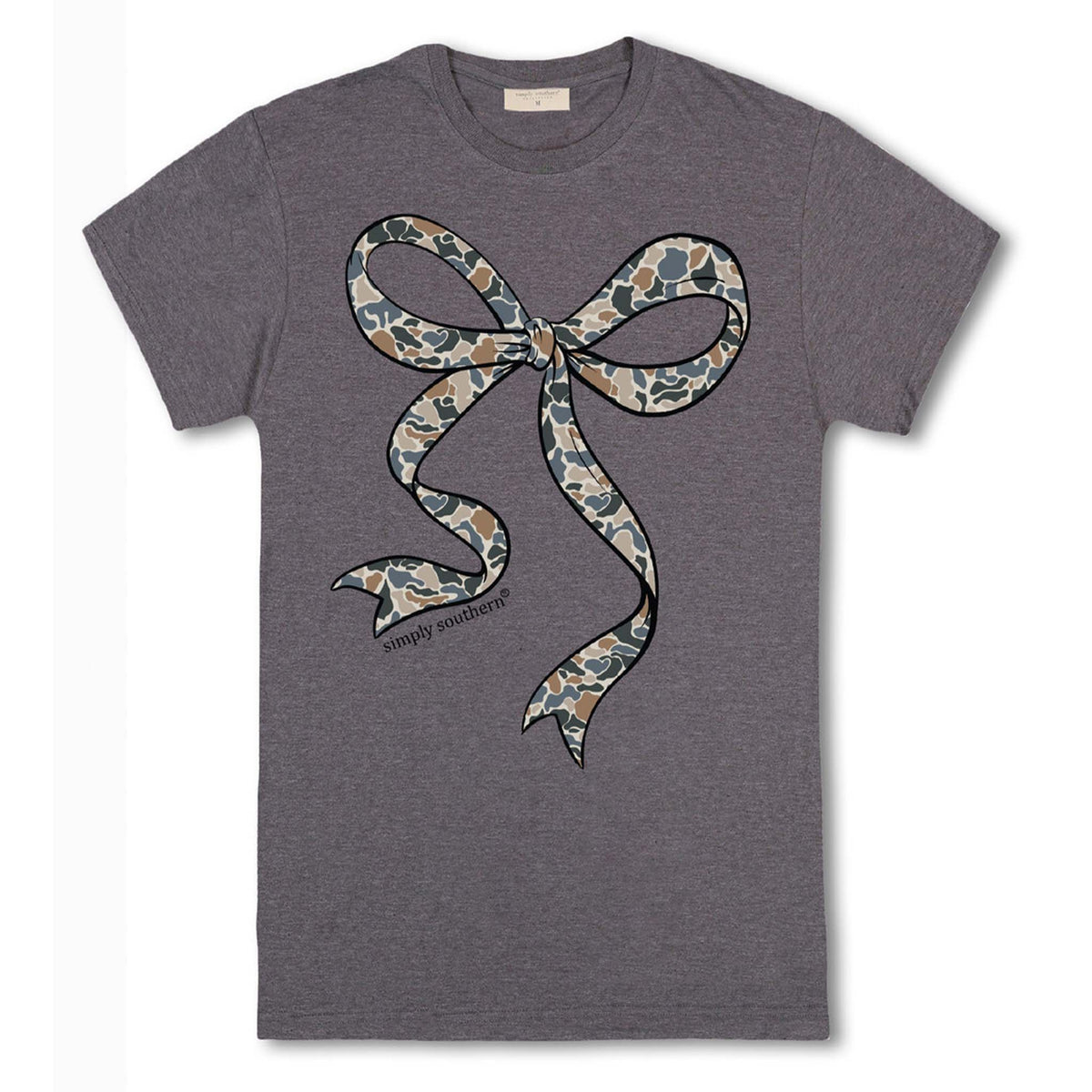 Simply Southern iron heather short sleeve t-shirt with oversized camouflage bow graphic on front.