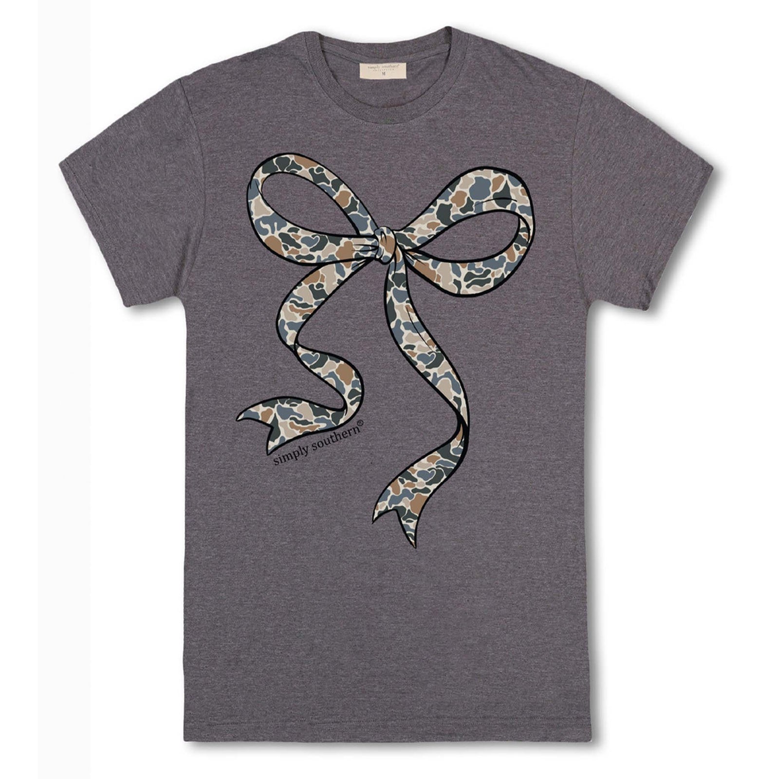 Simply Southern iron heather short sleeve t-shirt with oversized camouflage bow graphic on front.