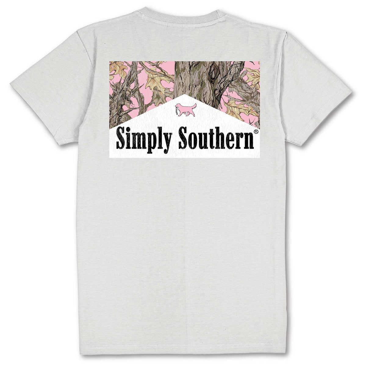 Back of a light gray short sleeve t-shirt featuring a pink and brown camo background, Simply Southern logo, and a small pink dog silhouette.