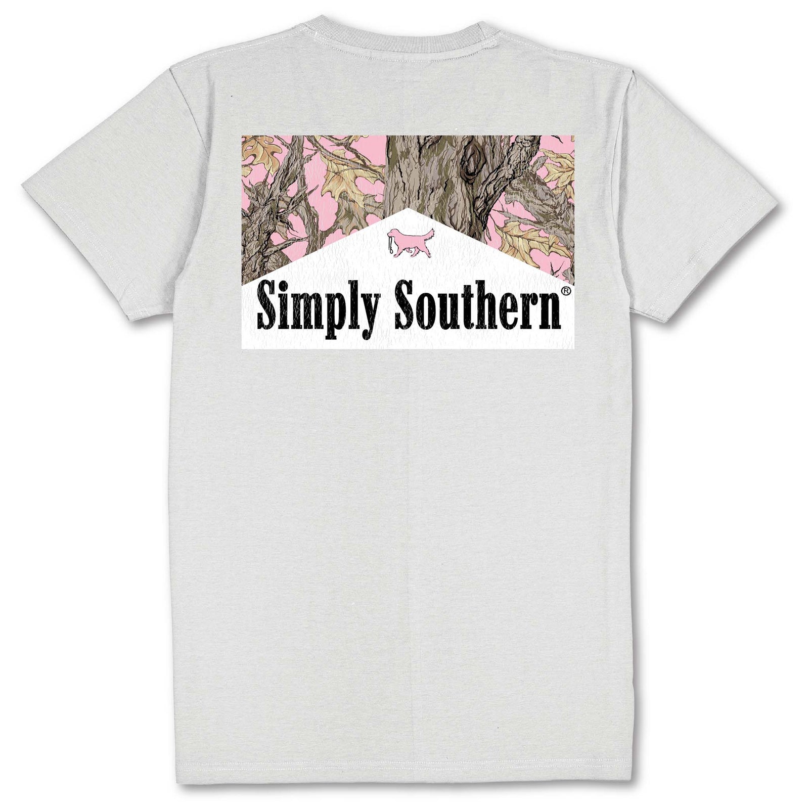 Back of a light gray short sleeve t-shirt featuring a pink and brown camo background, Simply Southern logo, and a small pink dog silhouette.