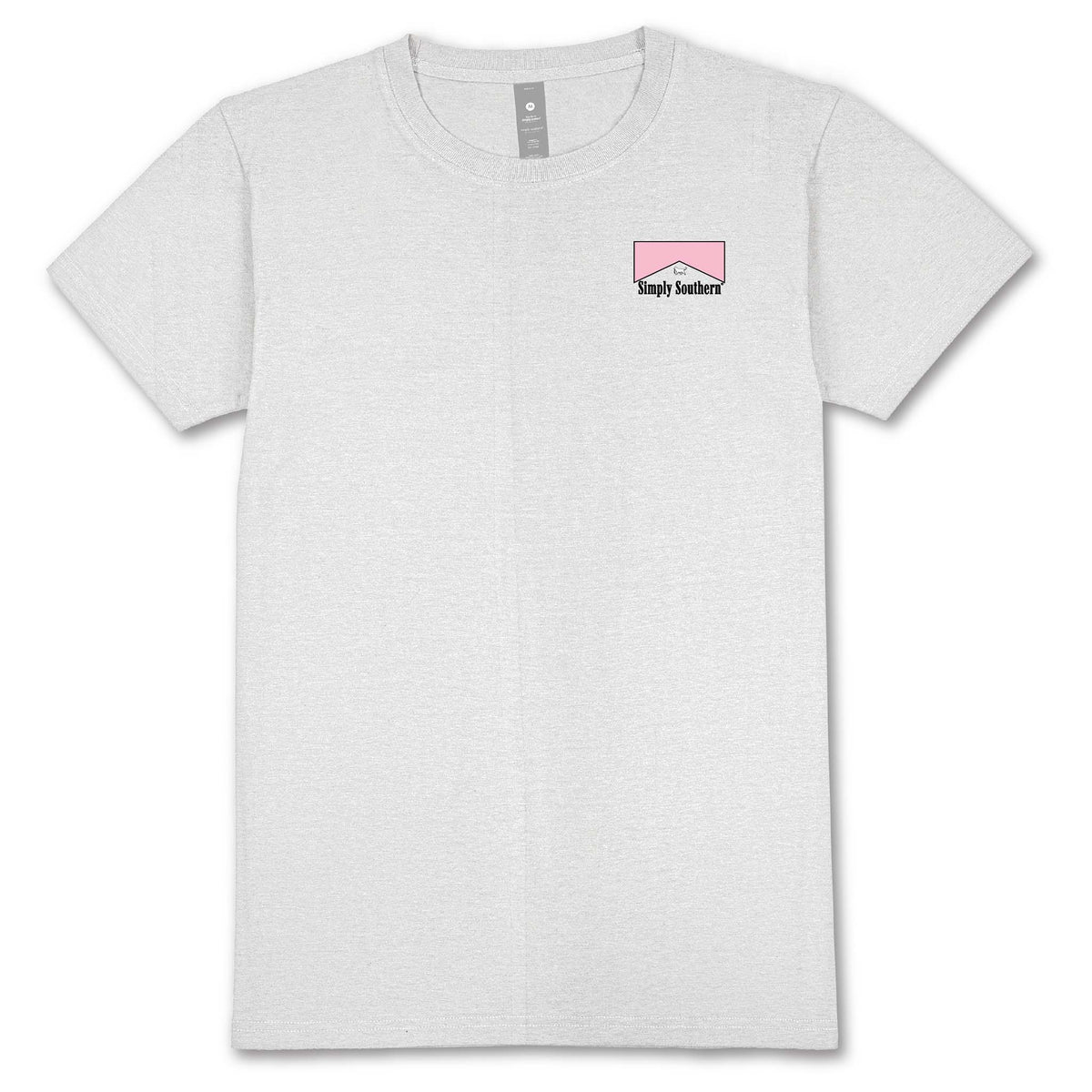 Front of a light gray short sleeve t-shirt with a small pink camo graphic and Simply Southern logo on the left chest.