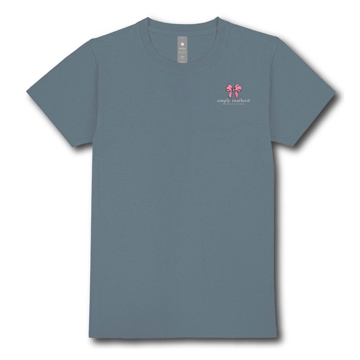 Front view of comet blue Simply Southern t-shirt with small pink bow graphic on left chest.