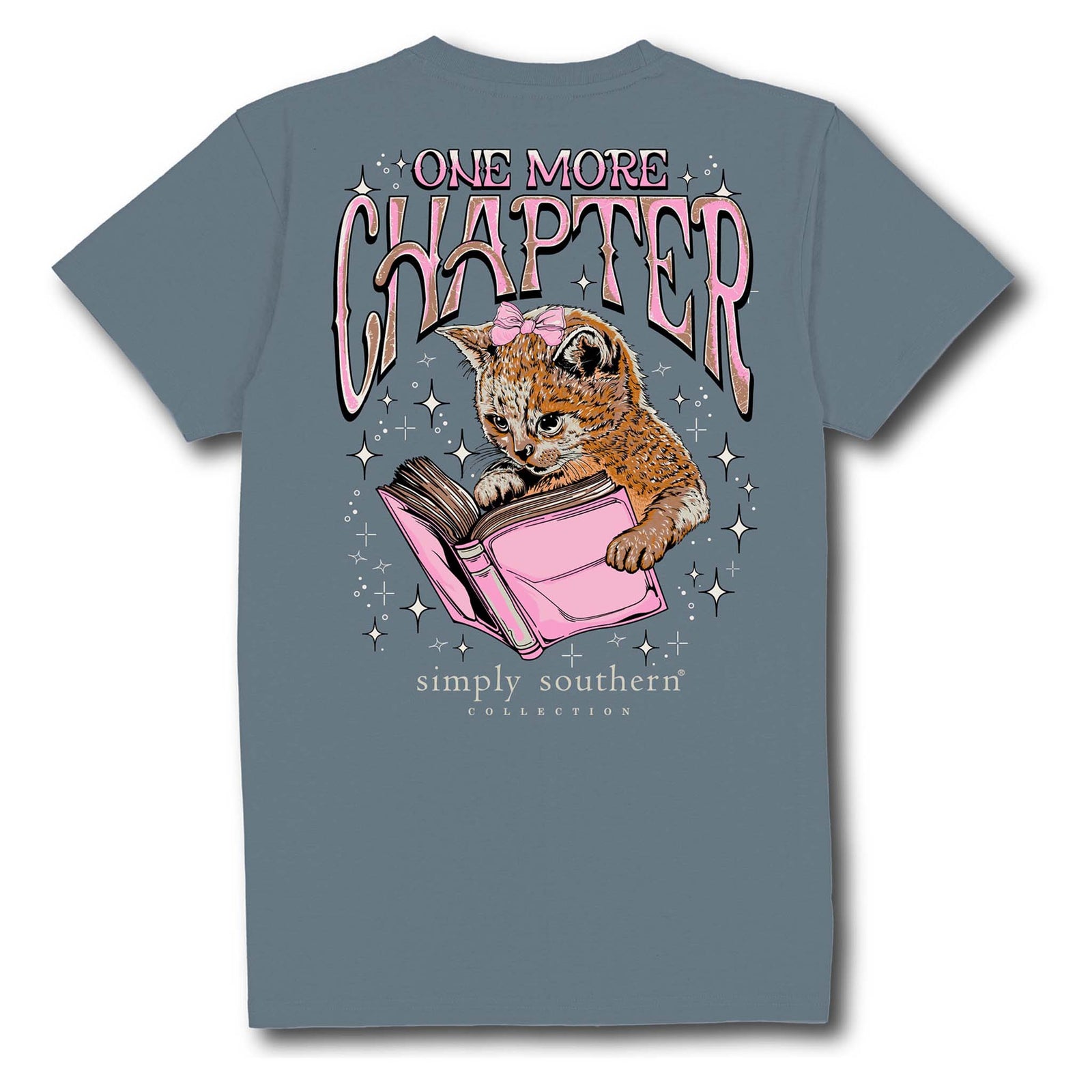 Back view of comet blue Simply Southern t-shirt with kitten reading a book graphic and “One More Chapter” text.
