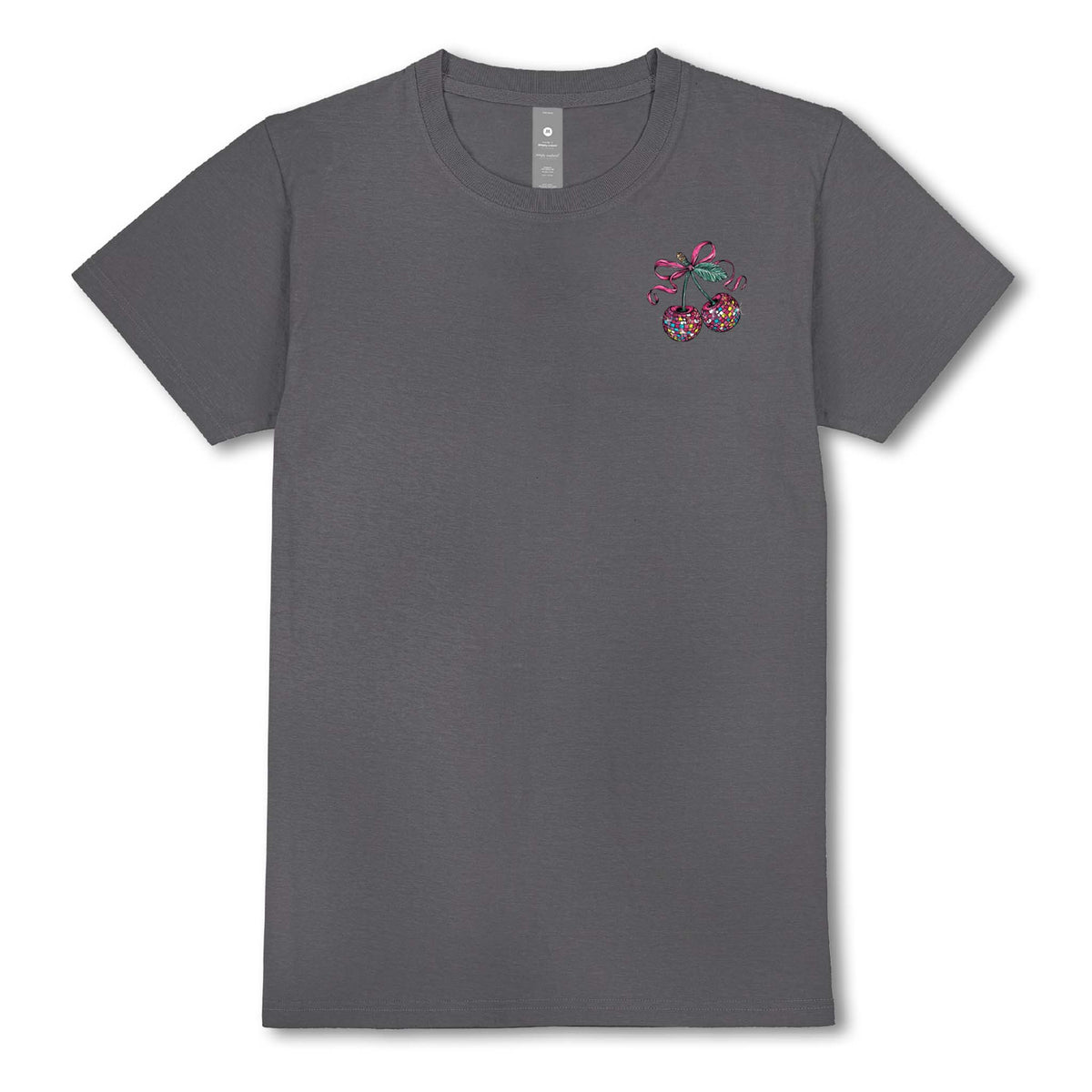 Charcoal gray short sleeve t-shirt with a small sequin-style cherry graphic and pink bow on the left chest.