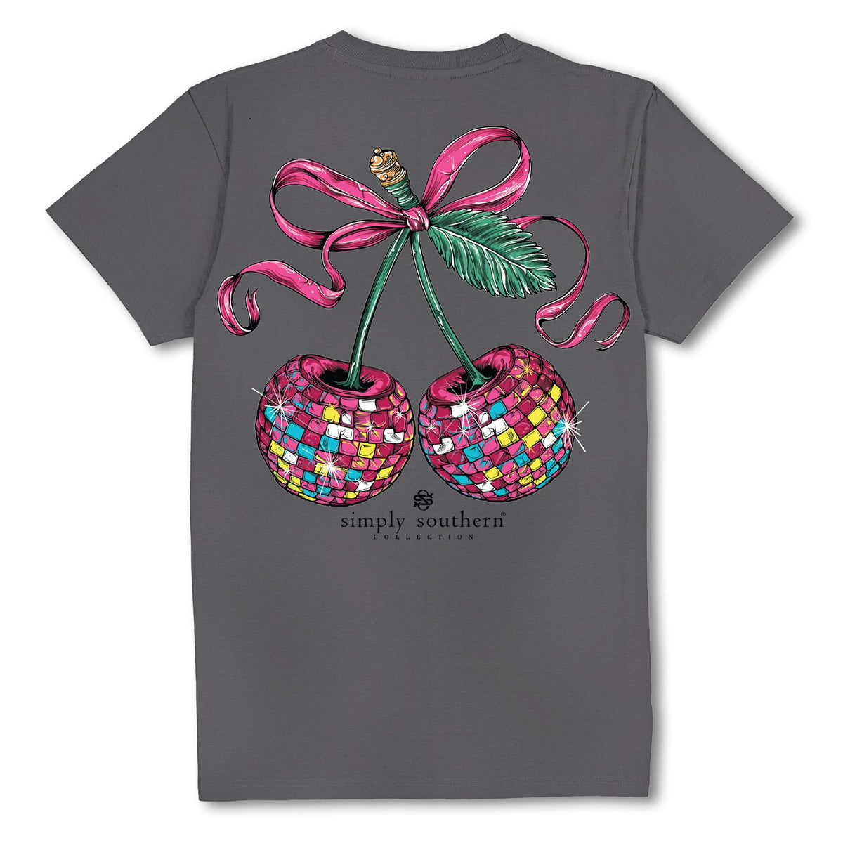 Charcoal gray short sleeve t-shirt with large colorful sequin-style cherry graphic, pink bow, and "Simply Southern Collection" logo at the bottom.