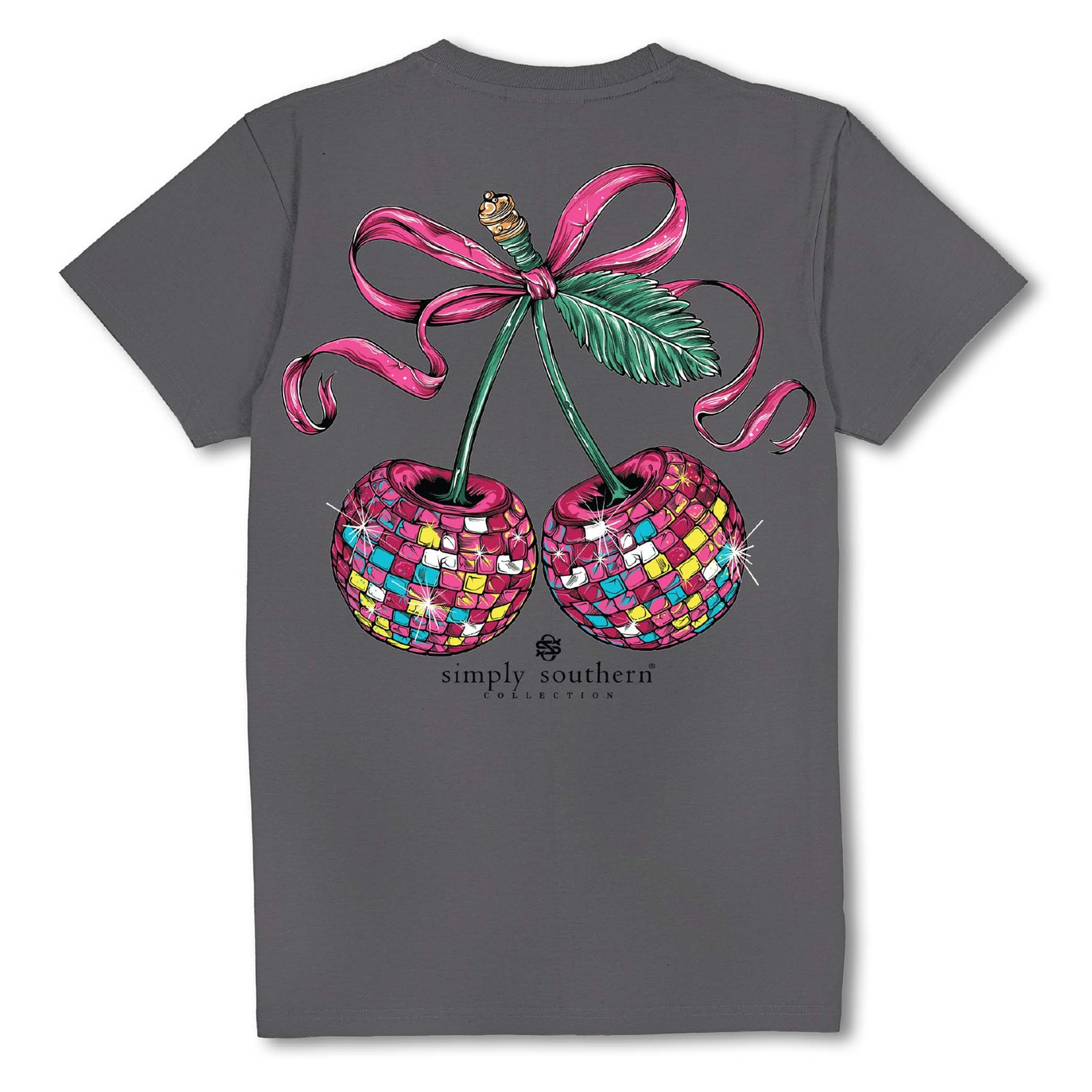 Charcoal gray short sleeve t-shirt with large colorful sequin-style cherry graphic, pink bow, and "Simply Southern Collection" logo at the bottom.